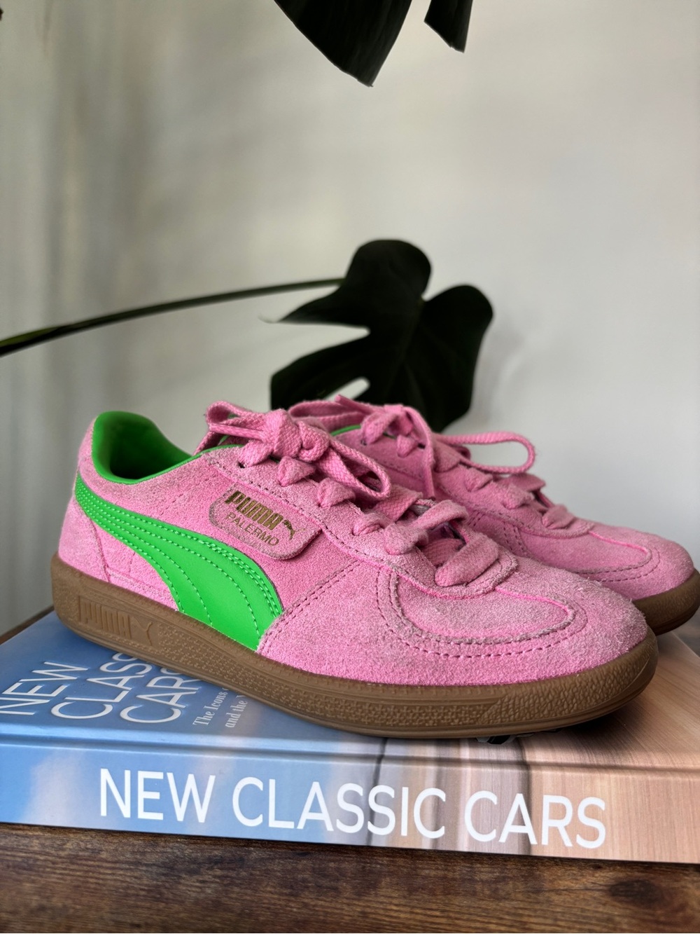 Puma Pink Suede Sneakers with Bright Green Stripe